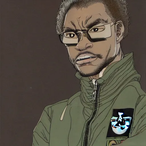 Image similar to illustration by katsuhiro otomo, black man with afro hair, stubble, wearing an adidas army green jacket, in the streets of tokyo, akira style, by katsuhiro otomo