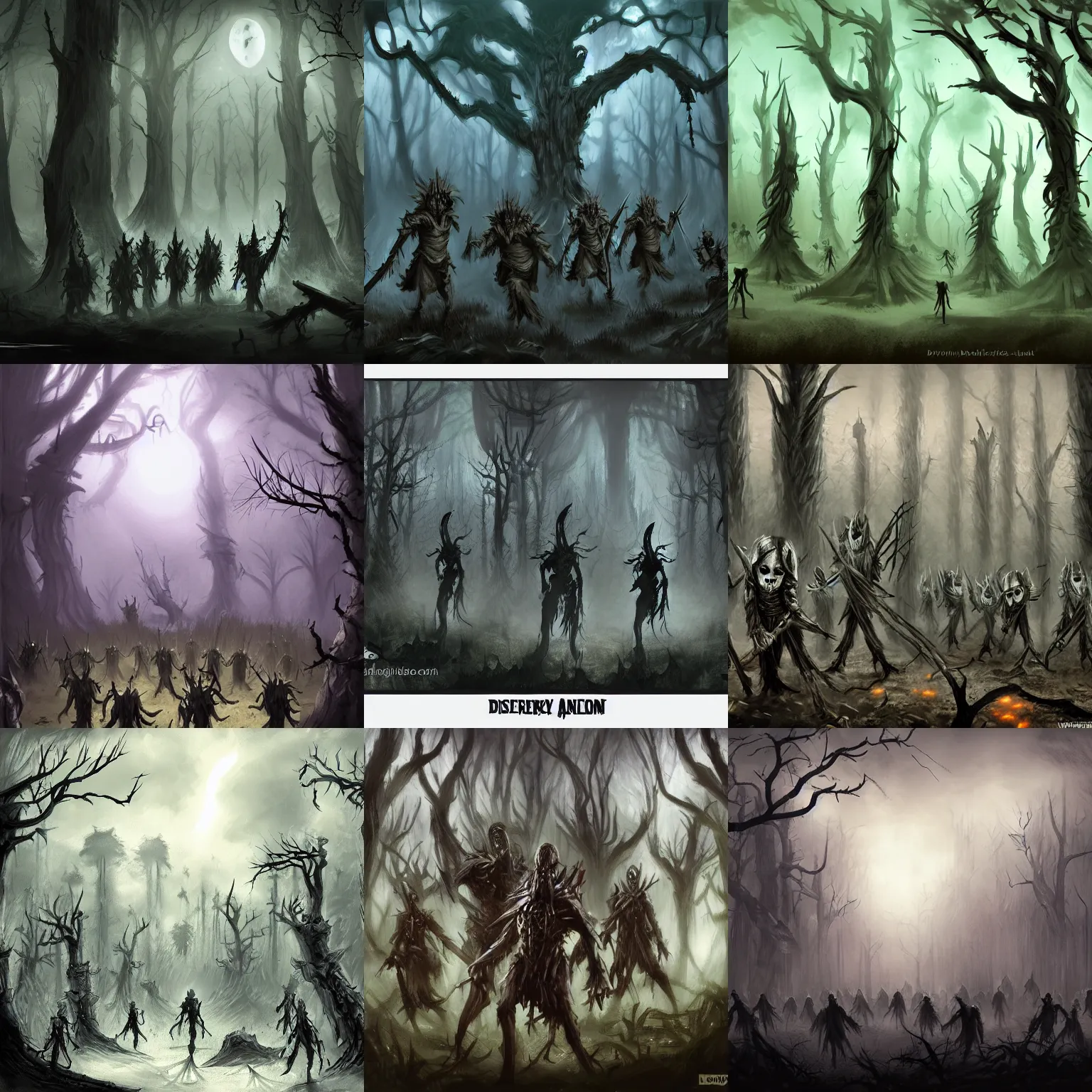 Prompt: scary undead army in a forest at night, d & d, concept art, fantasy art