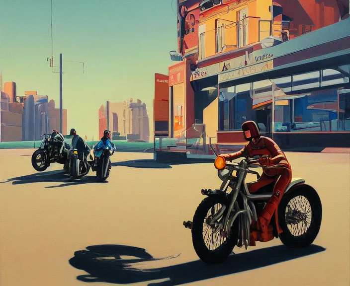 Image similar to a very detailed painting of a astronaut wearing a suit, riding a motorbike down a street, harley davidson motorbike, worm's - eye view, very fine brush strokes, very aesthetic, very futuristic, in the style of edward hopper and grant wood and syd mead, 4 k,