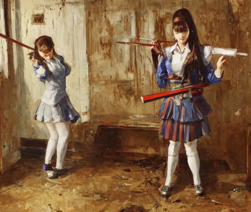 Image similar to School girl holding a katana and standing on an abandoned hospital room , by Konstantin Razumov, horror scene, highly detailded