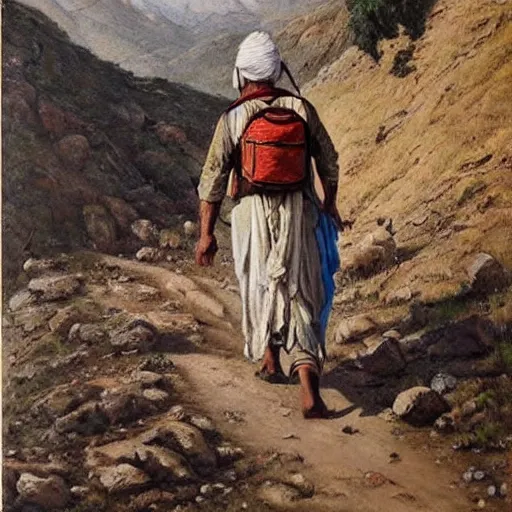 Image similar to kurdish man walking up a mountain with a huge backpack on with bags of rice attached on, beautiful painting by henry justice ford, incredible detail, award winning art