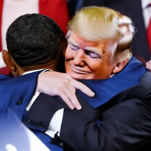 Prompt: donald trump hugging barack obama tenderly - n 9