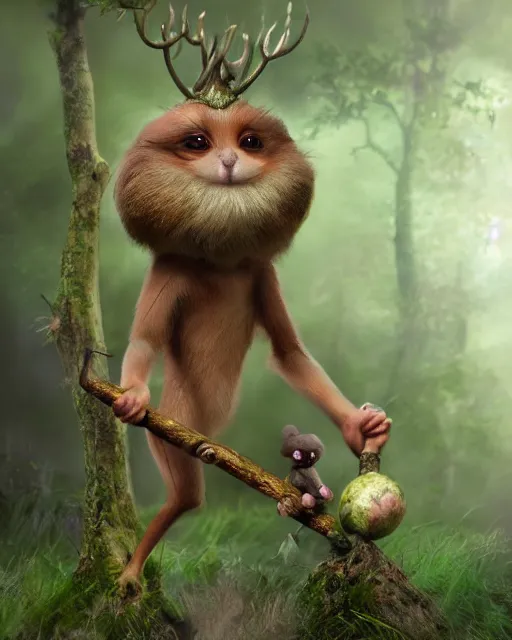 Image similar to a cute weird looking sweet creature holding a stick in a forest, concept art by Wendy Froud, cgsociety, fantasy art, daz3d, concept art, character