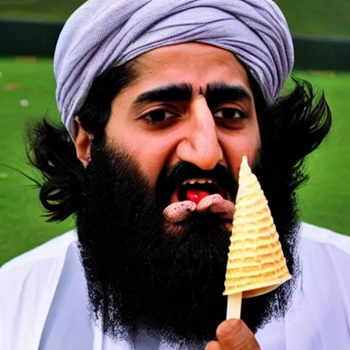 Prompt: Osama Bin Laden shoving a cone of ice cream in his mouth, getting very messy