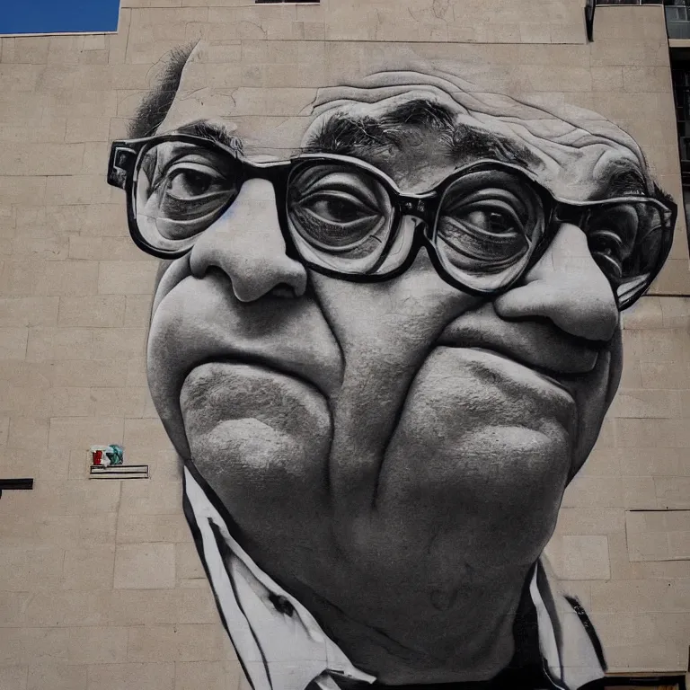 Image similar to Street-art portrait of Danny DeVito in style of Banksy, photorealism