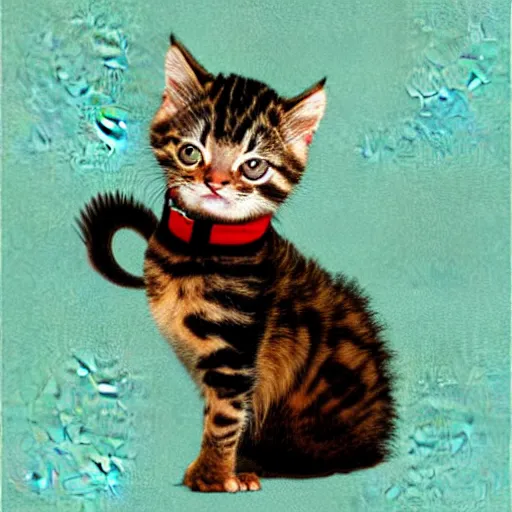 Image similar to A cartoon illustration of a fuzzy picky face kitten sitting on the top of planet earth, digital art, in the style of Norman Rockwell