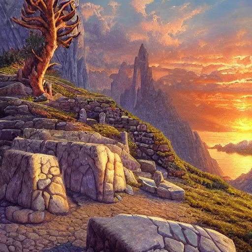 Prompt: Three enchanted magical stones, Greek god in the background, fantasy art by Ted Nasmith and James Gurney, trending on artstation