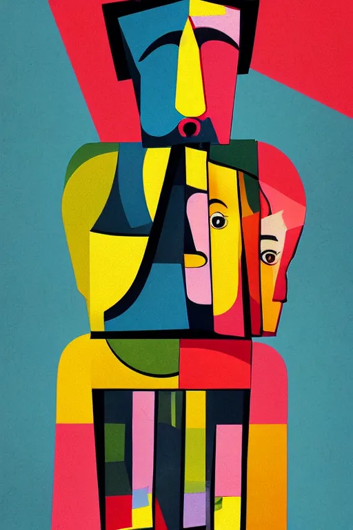 Image similar to cubist moai statue cutout digital illustration cartoon colorful beeple