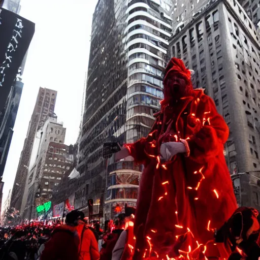 Prompt: a portal to hell opens in New York City during Santa Con