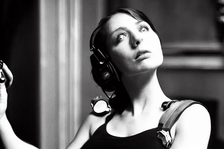 Image similar to cinematography closeup portrait of a beautiful woman cop talking to her shoulder radio in an decadent mansion foyer by Emmanuel Lubezki
