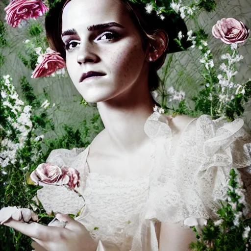 Image similar to on textured paper full body fashion model emma watson smokey eyes makeup eye shadow fantasy, glow, shimmer as victorian woman in a long white frilly lace dress and a large white hat having tea in a sunroom filled with flowers, roses and lush fern flowers ,intricate, night, highly detailed, dramatic lighting , high quality