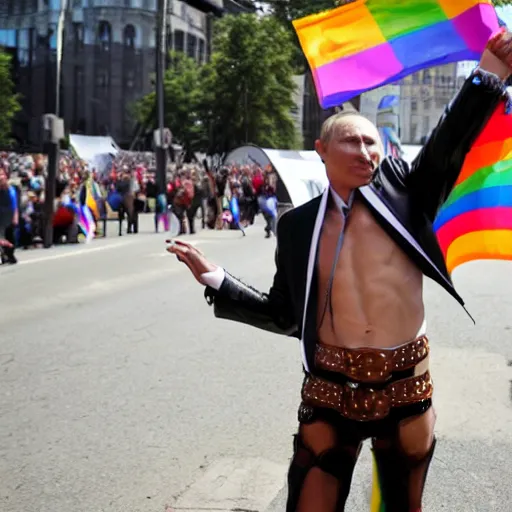 Prompt: putin at gay pride. leather chaps, joyful, carnival, floats, banners, dancing,