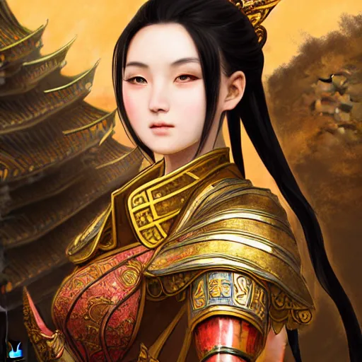 Image similar to portrait black hair young knights of Dynasty Warriors girl, rose golden color armor, in ruin chinese palace rooftop sunrise, ssci-fi and fantasy, intricate and very beautiful and elegant, highly detailed, digital painting, soft light, artstation, concept art, smooth and sharp focus, illustration, art by tian zi and WLOP and alphonse mucha