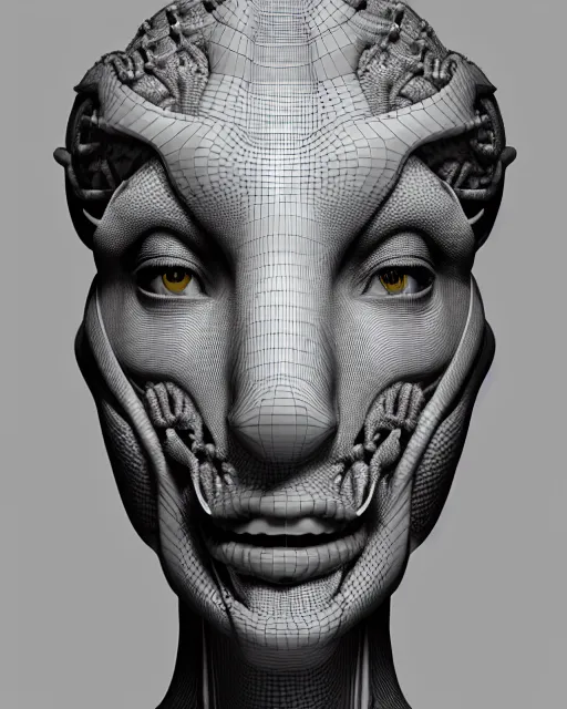 Image similar to a black and white 3D render of a young beautiful female queen-dragon-cyborg bust with a very long neck and Mandelbrot fractal face, flesh, anatomical, facial muscles, veins, arteries, elegant, highly detailed, flesh highly ornate, cable wires, elegant, high fashion, rim light, octane render, in the style of H.R. Giger, Realistic, Refined, Digital Art, Highly Detailed, Cinematic Lighting, rim light, black and white, photo-realistic, 8K