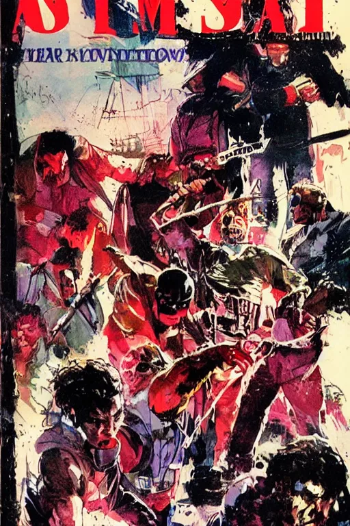 Image similar to comic cover for a book about 4 hit men arriving in the same secluded town. art by bill sienkiewicz.