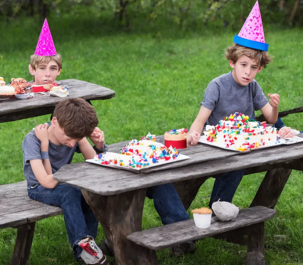 Prompt: A sad young boy in a party hat sitting at a picnic table, as black crows begin to pick at and eat a birthday cake on the table, dark gloomy, realistic