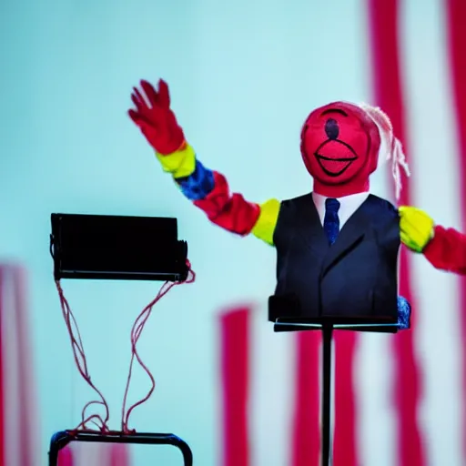 Image similar to string puppet of a president with clown makeup in a podium and a human shadow behind