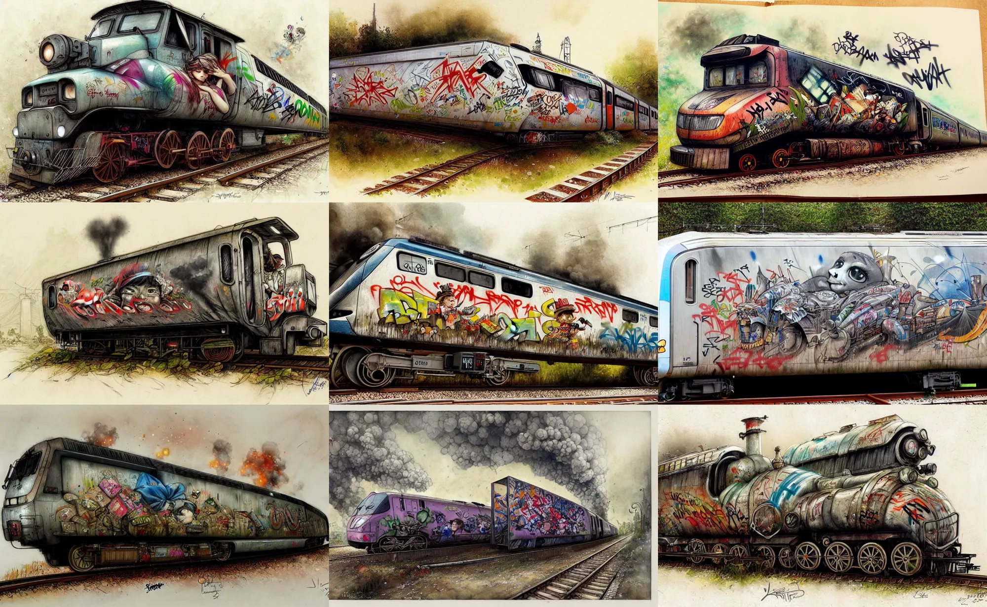 Prompt: a train covered with graffiti by jean - baptiste monge