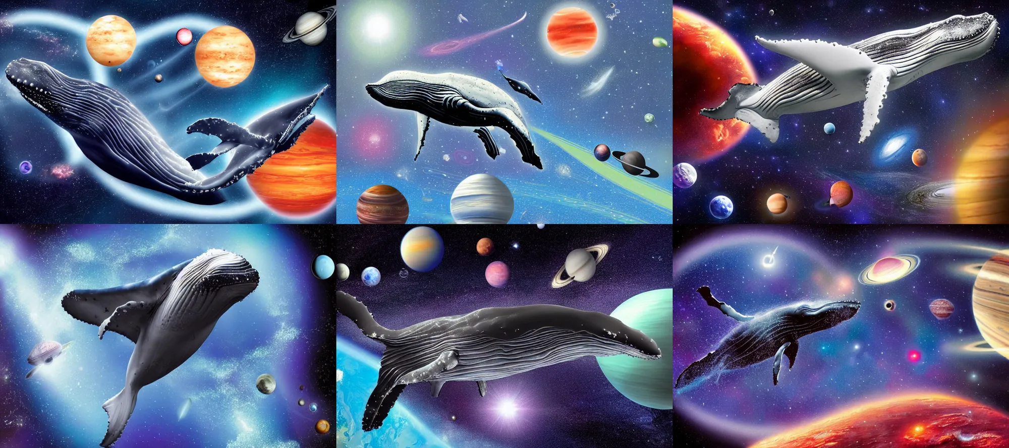 Image similar to humpback whale in space with planets and stars in the background