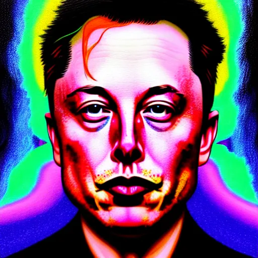 Prompt: An extremely psychedelic portrait of Elon Musk, surreal, LSD, face, detailed, intricate, elegant, lithe, highly detailed, digital painting, artstation, concept art, smooth, sharp focus, illustration