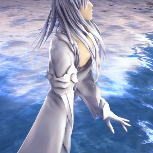 Prompt: a long white haired anime character holding out his hand in front of a body of water, a screenshot by michelangelo, deviantart contest winner, vanitas, official art, unreal engine 5, unreal engine. tetsuya nomura. ray tracing hdr. 8 k. uhd. sharp focus. highly detailed. masterpiece. anime render. cinematic lighting. lifelike.