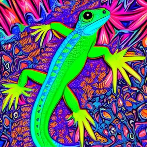 Image similar to psychedelic, photorealistic, colorful lizard in a maximalist style on a background that fades to black
