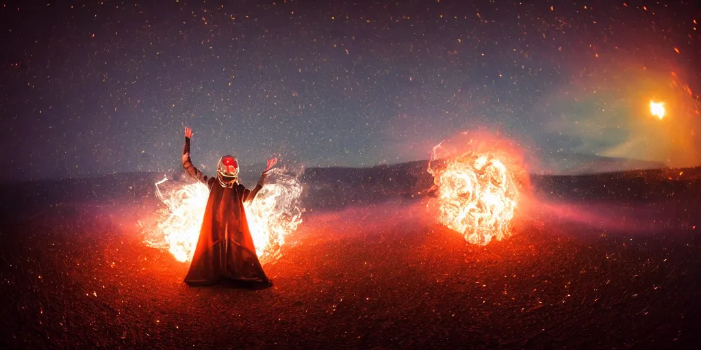 Image similar to fisheye slow motion with trail fire effect of futuristic break dancer wearing long dark cloak with glitter and golden helmet emitting fire, long exposure shot , enigmatic, at night in the middle of the arctic with red light A letter, paddle of water, steam, fog, water splashes, rim lights, glossy reflections, water droplets on lens, octane render, Volumetric dynamic lighting, stunning cover magazine, high details, hajime sorayama, glints, lens flares