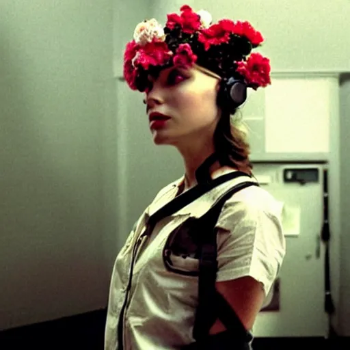 Image similar to movie still of a girl with a cyborg flowers helmet, cinematic composition, cinematic light, by edgar wright and david lynch