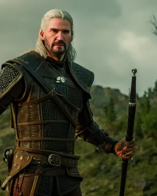 Prompt: Keanu Reevez in the role of Witcher III Gerald of Rivia, amazing short, 8K, IMAX, ultra detailed