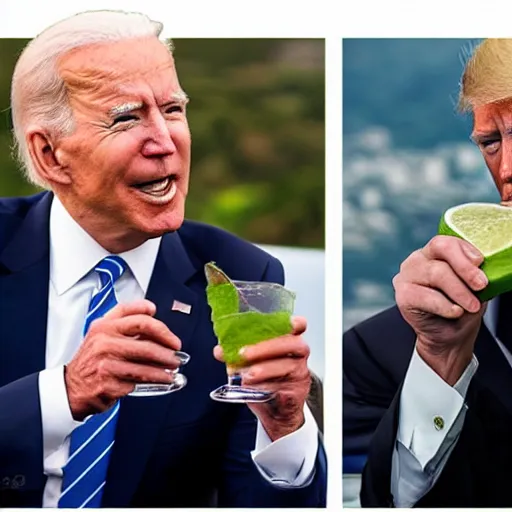 Image similar to realistic 4k image of Biden and Trump together drinking a caipirinha drink with Rio de Janeiro Corcovado on the background