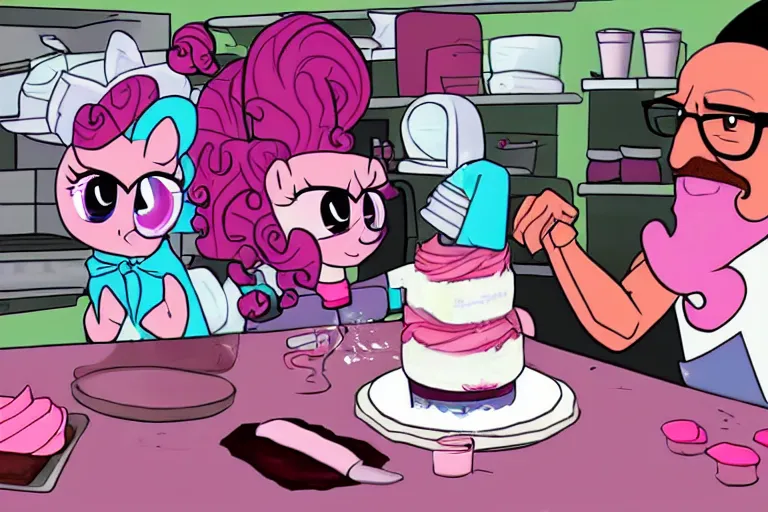 Prompt: walter white making cakes with pinkie pie