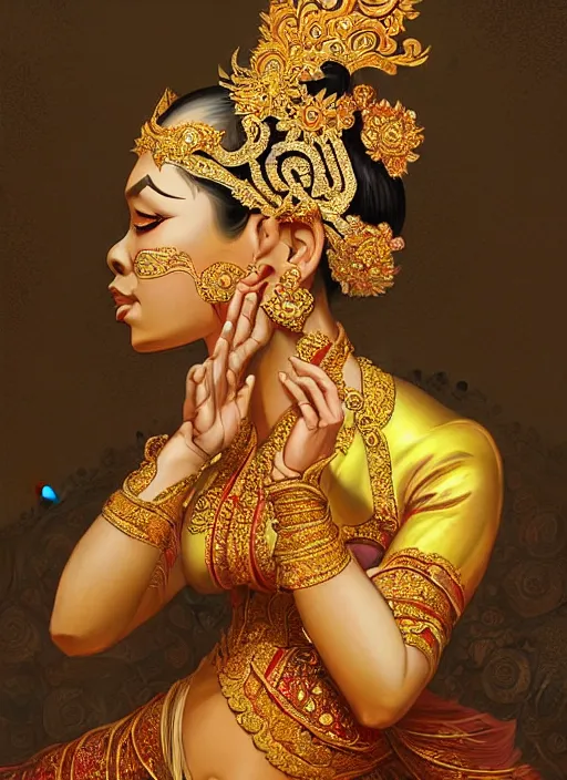 Prompt: javanese traditional dance, surealism, aesthetic, shiny, fantasy, intricate, elegant, extremely higly detailed, digital painting, artstation, anatomy perfect, baroque, concept art, photoshop, krita, smooth, sharp focus, full body focus, illustration, digital painting, art by artgerm and greg rutkowski and alphonse mucha