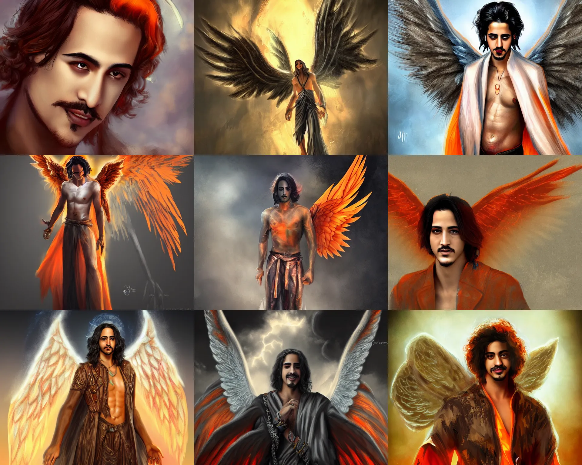 Prompt: Avan Jogia as an angel with large orange wings, detailed urban fantasy digital art, trending on artstation