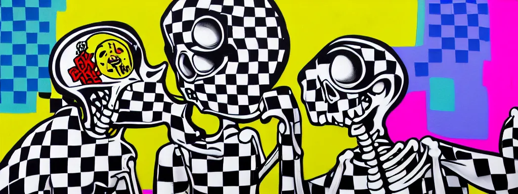 Prompt: ska skeleton and girlfriend, graffiti art, 8 0 s checkerboard 6 6 6, digital art, chalk, ultra detailed by tara mcpherson and gary houston, 3 5 mm