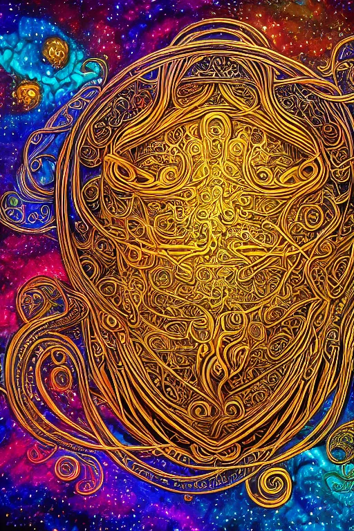 Prompt: a intricate background design with deep and intricate rune carvings and twisting intricate golden linework lovecraftian by dan mumford, twirling smoke trails, a twisting vortex of dying galaxies, collapsing stars, digital art, photorealistic, vivid colors, highly detailed, intricate painted by peter max