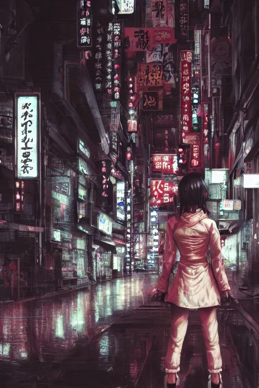 Image similar to portrait of a Japanese creepy nurse girl, wearing a straight jacket in a busy Tokyo street at night, neon lights, advertising, intricate artwork, nightmare fuel, terrifying, by akihiko yoshida , trending on artstation, greg rutkowski, cinematic, hyper realism, high detail, octane render, 8k