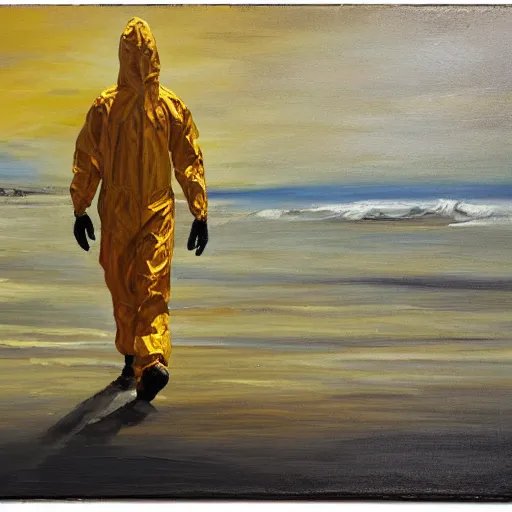 Image similar to a man in a yellow hazmat walking on an abandoned beach, oil painting