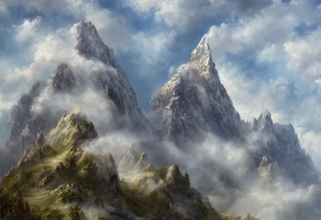 Prompt: fantasy painting of a mountain reaching above the clouds, highly detailed,