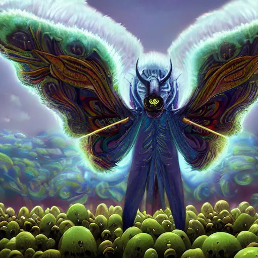 Image similar to 8K headshot Portrait of centered chest up of a psychedelic godlike mothman with giant mandala wings smoking a hand-rolled cigarette smoking heavily , magic mushroom village in background , post-processing , award winning. superb resolution. in the art style of Satoshi Kon and Greg Rutkowski . Detailed Mushroom city in background. Hyper realistic anime. Perfect art. Dalle2