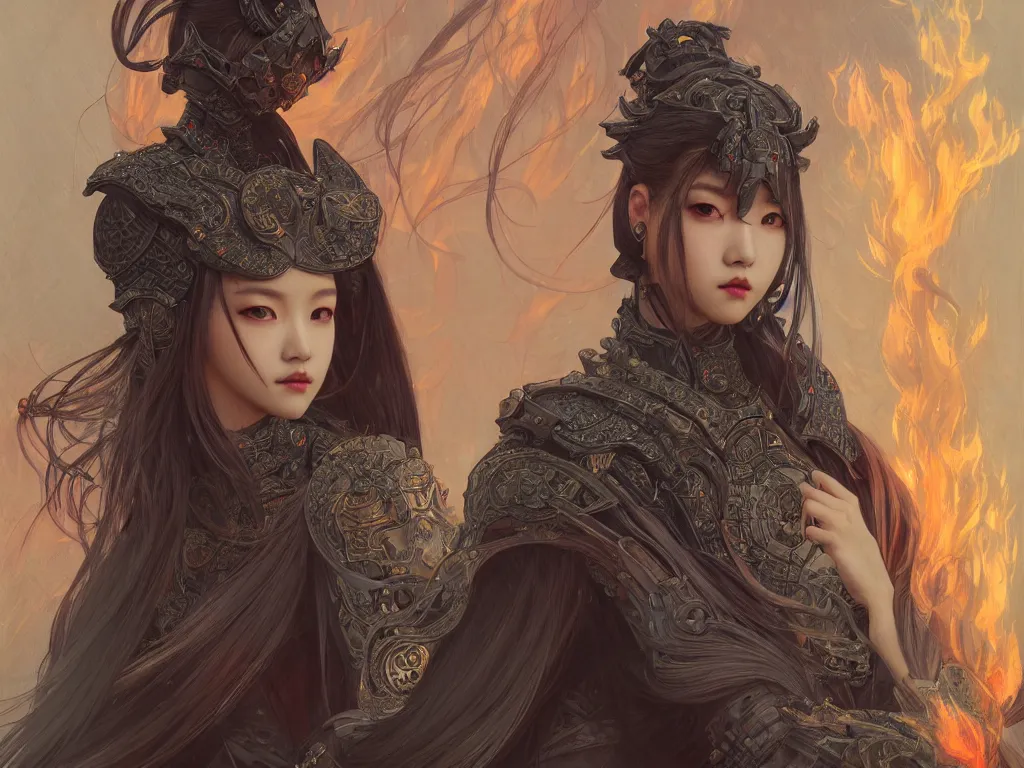 Prompt: portrait jisoo blackpink, grey hair armored samurai clothes, in fire japanese temple wet night, ssci - fi and fantasy, intricate and very very beautiful and elegant, digital painting, artstation, concept art, smooth and sharp focus, illustration, art by tian zi and wlop and alphonse mucha