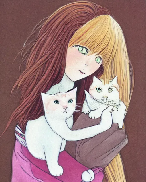 Image similar to a portrait of a young woman with very long pink hair undulating on the wind, light brown eyes, slightly chubby, pale skin, pretty, cute, holding a white cat. by naoko takeuchi