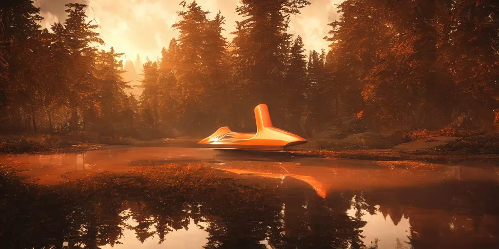 Image similar to futuristic giant starship, in the woods, puddles of water, stunning volumetric lighting, sundown, trending on Artstation, 8k, photorealistic, hyper detailed, unreal engine 5, cinematic, epic lighting, cryengine, octane render, cyberpunk, red and orange glow, dark, gloomy