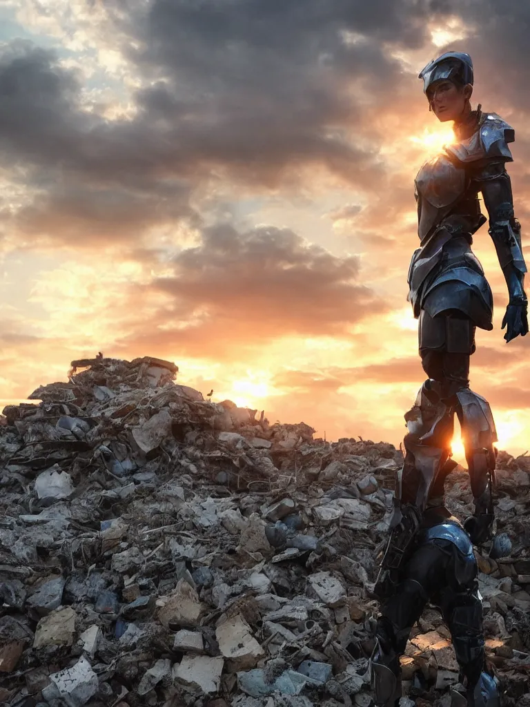 Image similar to emily blunt in futuristic power armor, alone, standing atop a pile of rubble, sword on shoulder, sunset and big clouds backdrop
