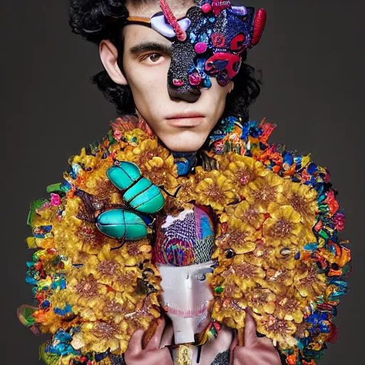 Prompt: a young athletic slim beautiful latin prince wears a mask decorated with intricate small colorful beetles made of organza, designed by alexander mcqueen, photographed by erwin olaf for an expensive fashion magazine