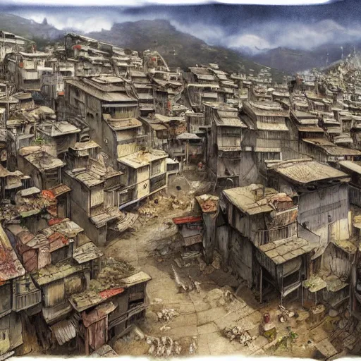 Prompt: favela slums, scifi, a detailed matte painting by anton pieck, deviantart contest winner, concept art, official art, matte drawing