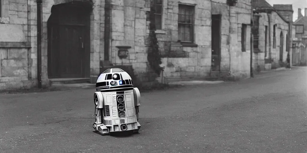 Prompt: vintage photo of a R2D2 on empty streets of 18th century England