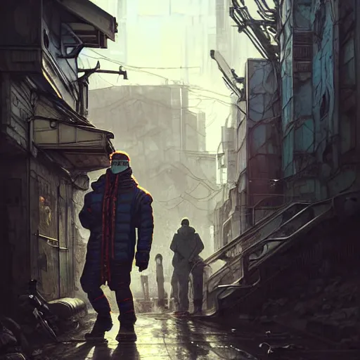 Image similar to A portrait of a cyberpunk gopnik on the street of a Russian slum on the moon, Norilsk, sci-fi, fantasy, intricate, very very beautiful, elegant, highly detailed, digital painting, artstation, concept art, smooth, sharp focus, illustration, art by artgerm and greg rutkowski and alphonse mucha