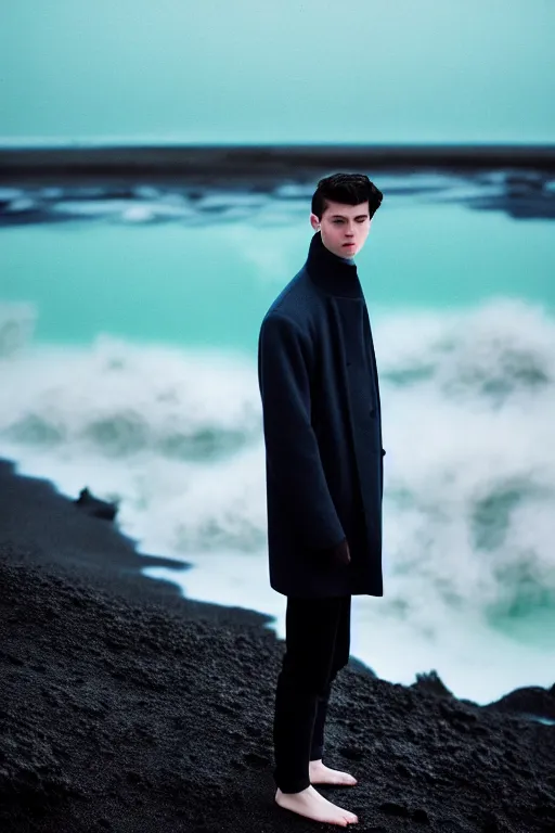 Image similar to high quality pastel coloured film mid angle docu photograph of a beautiful young 2 0 year old male, soft features, short black hair, wearing coat, falling into in an icelandic black rock pool environment. atmospheric. three point light. photographic. art directed. ( pastel colours ). volumetric light. clearcoat. waves glitch. 8 k. filmic.