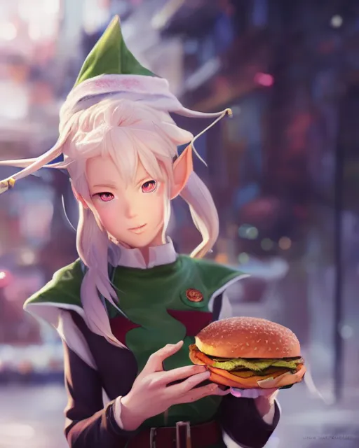 Image similar to adorable elf girl holding a burger, single subject, close shot, ambient lighting, white hair, detailed face, by makoto shinkai, stanley artgerm lau, wlop, rossdraws