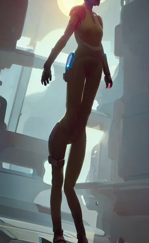 Image similar to sci fi female character, muted colored bodysuit, sci-fi large mech boots that go up to the thigh, soft lighting, wojtek fus, by Makoto Shinkai and Ilya Kuvshinov,